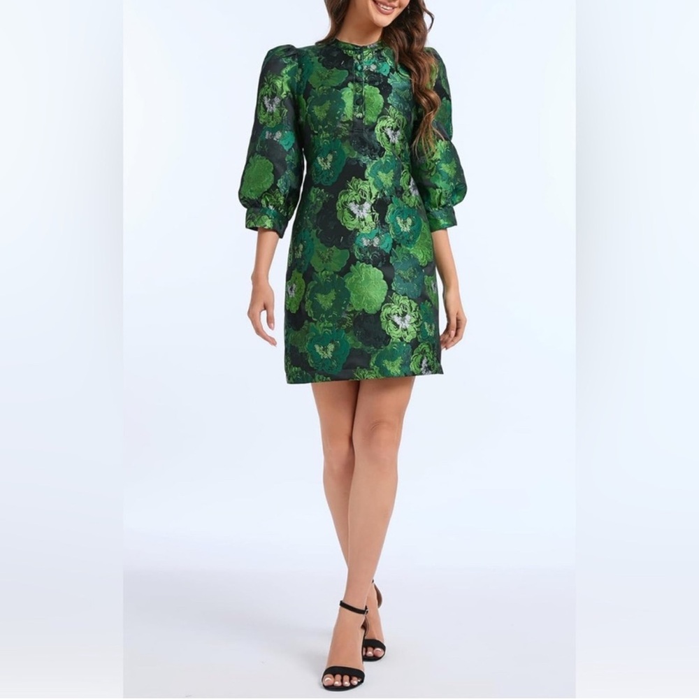 Chic jacquard elegant Green Floral Long Sleeve Dress New | Size M - Picture 2 of 5